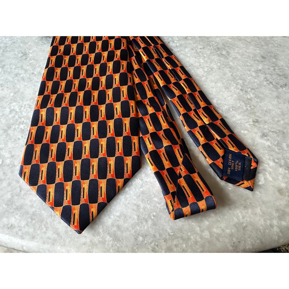 Alex Mishra 100% Silk Tie in Navy Orange Geometric Print